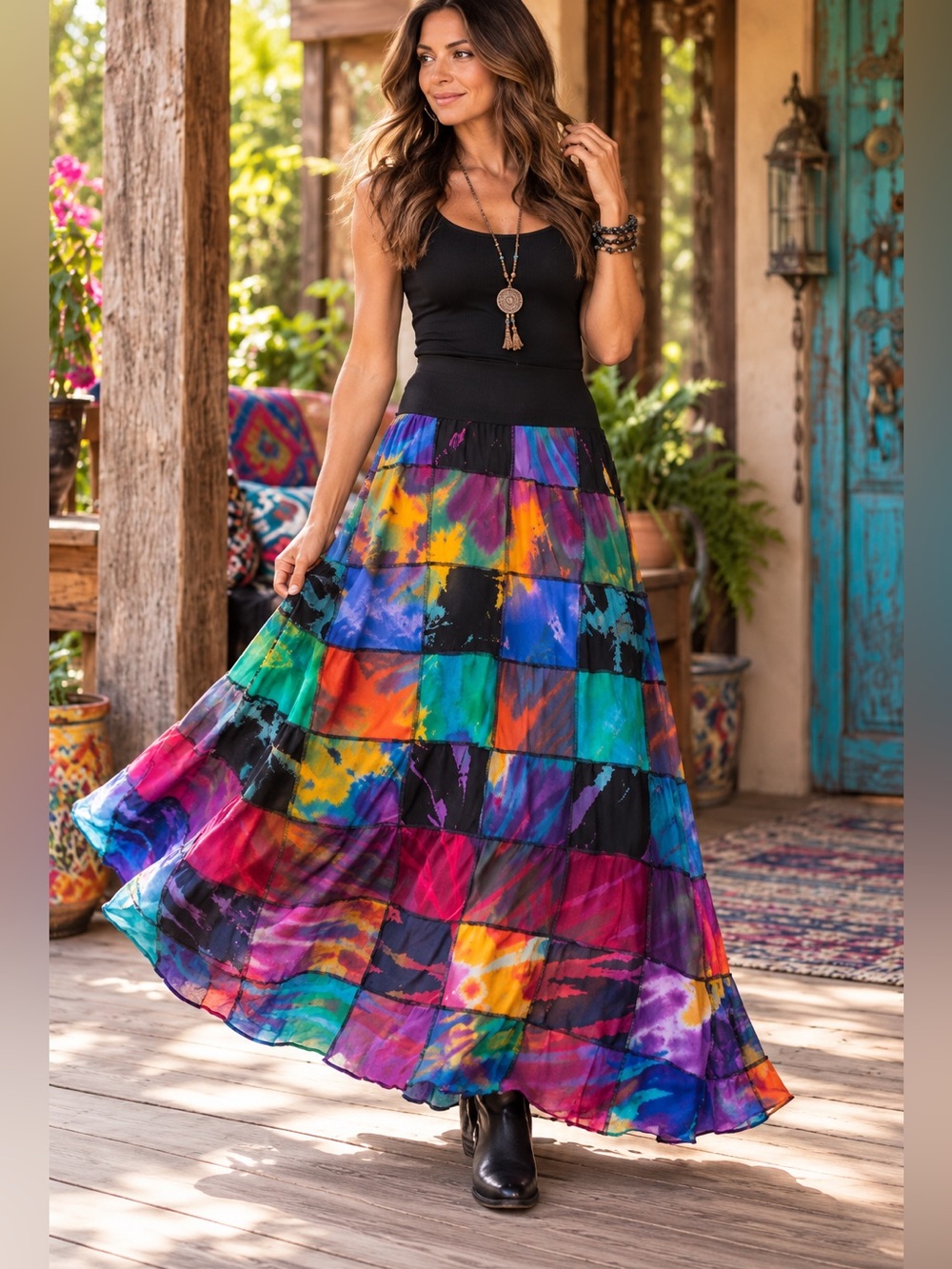 Boho Patchwork Tie-Dye Maxi Skirt Hippie Festival Gypsy Style